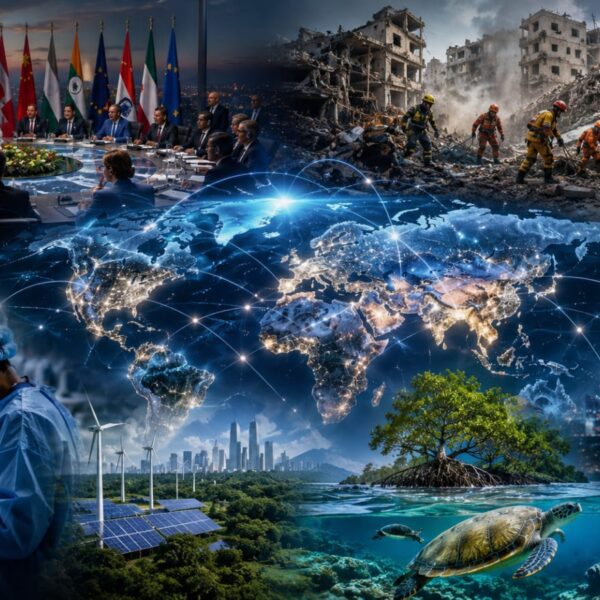 Digital world map showing global diplomacy, health, environment and international cooperation
