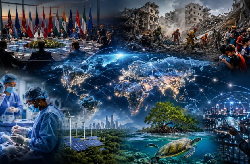 Digital world map showing global diplomacy, health, environment and international cooperation