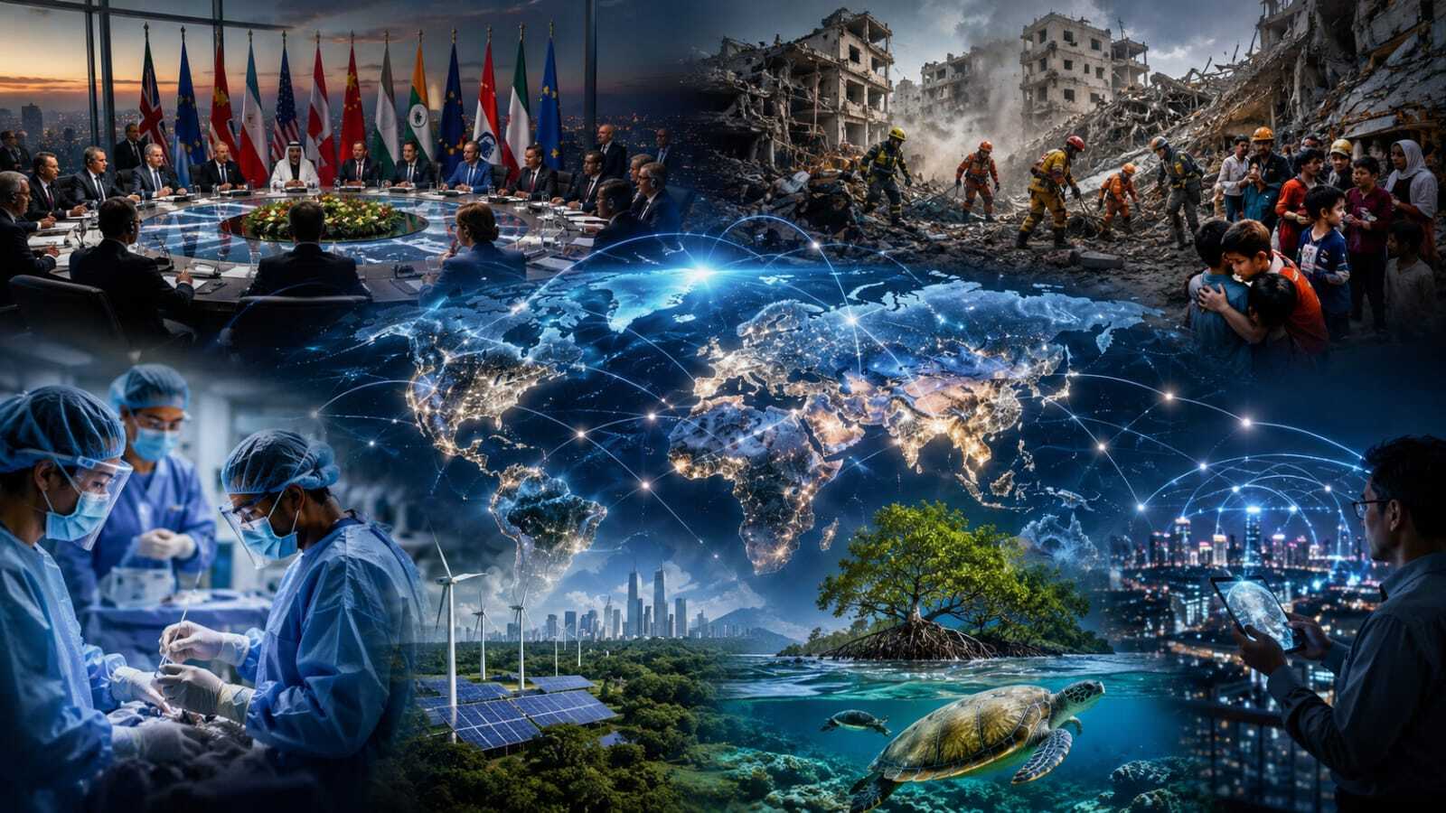 Digital world map showing global diplomacy, health, environment and international cooperation