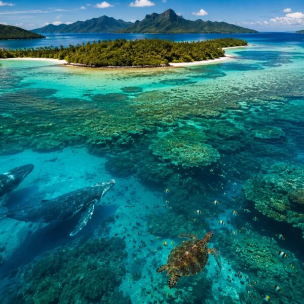 French Polynesia marine sancuary with coral reefs and protected ocean wildlife