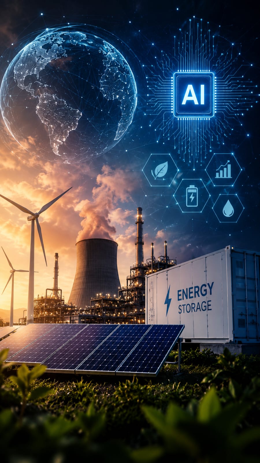 AI- powered energy systems with renewable energy and smart industrial technology.