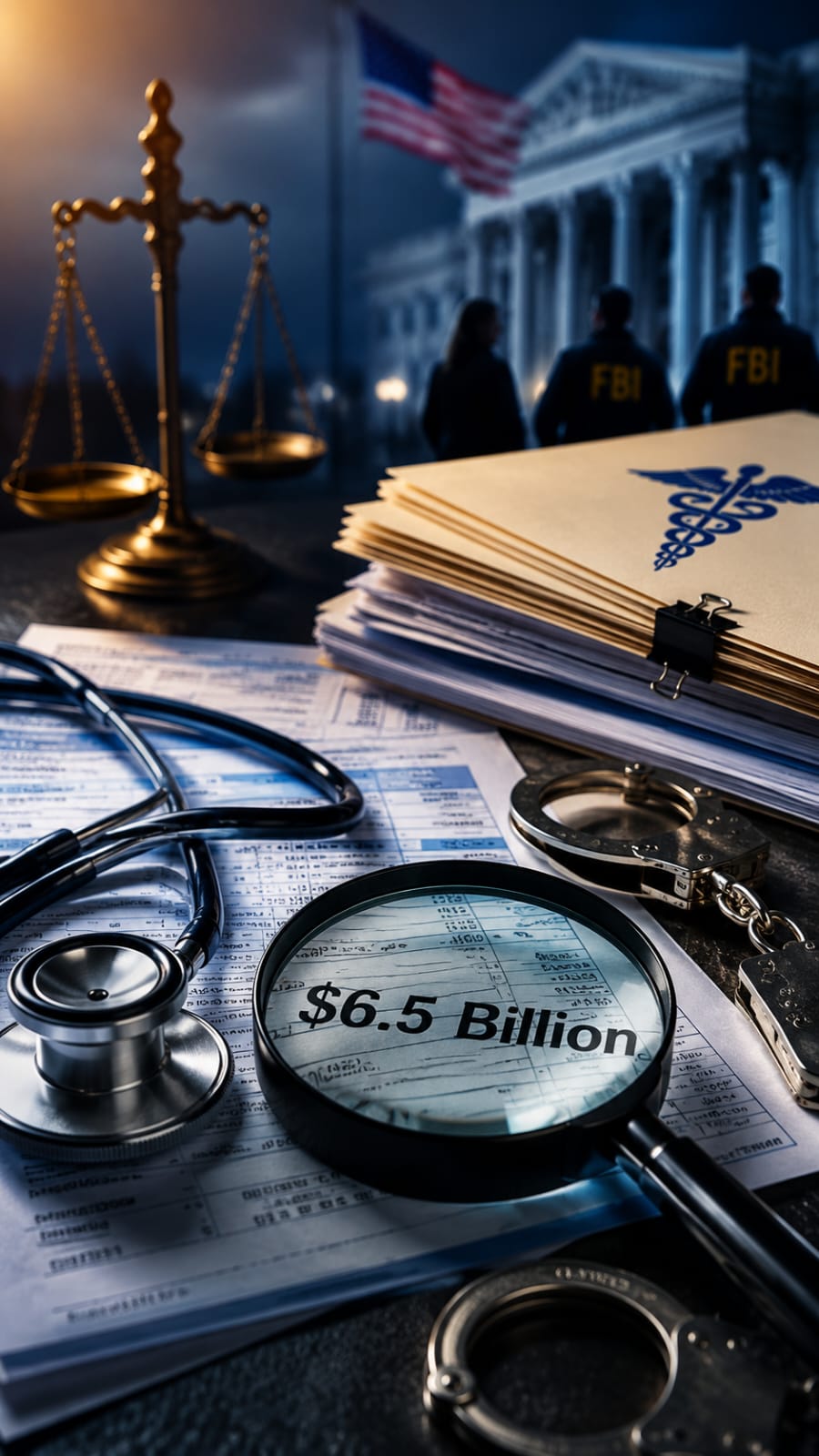 U.S. DOJ healthcare fraud investigation with medical documents and justice concept