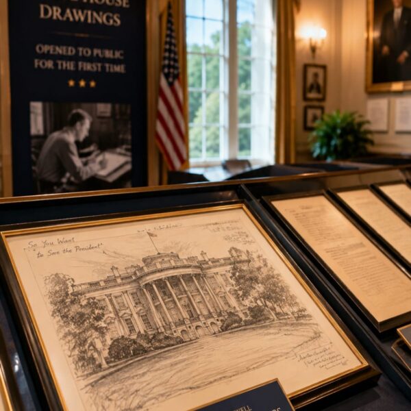 Historic Norman Rockwell White House drawings displayed in a museum exhibition
