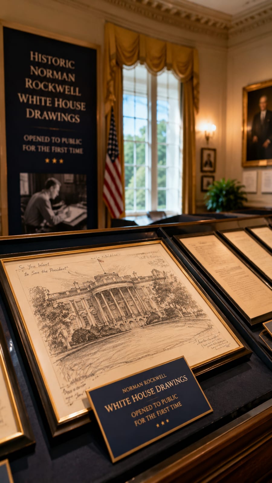 Historic Norman Rockwell White House drawings displayed in a museum exhibition