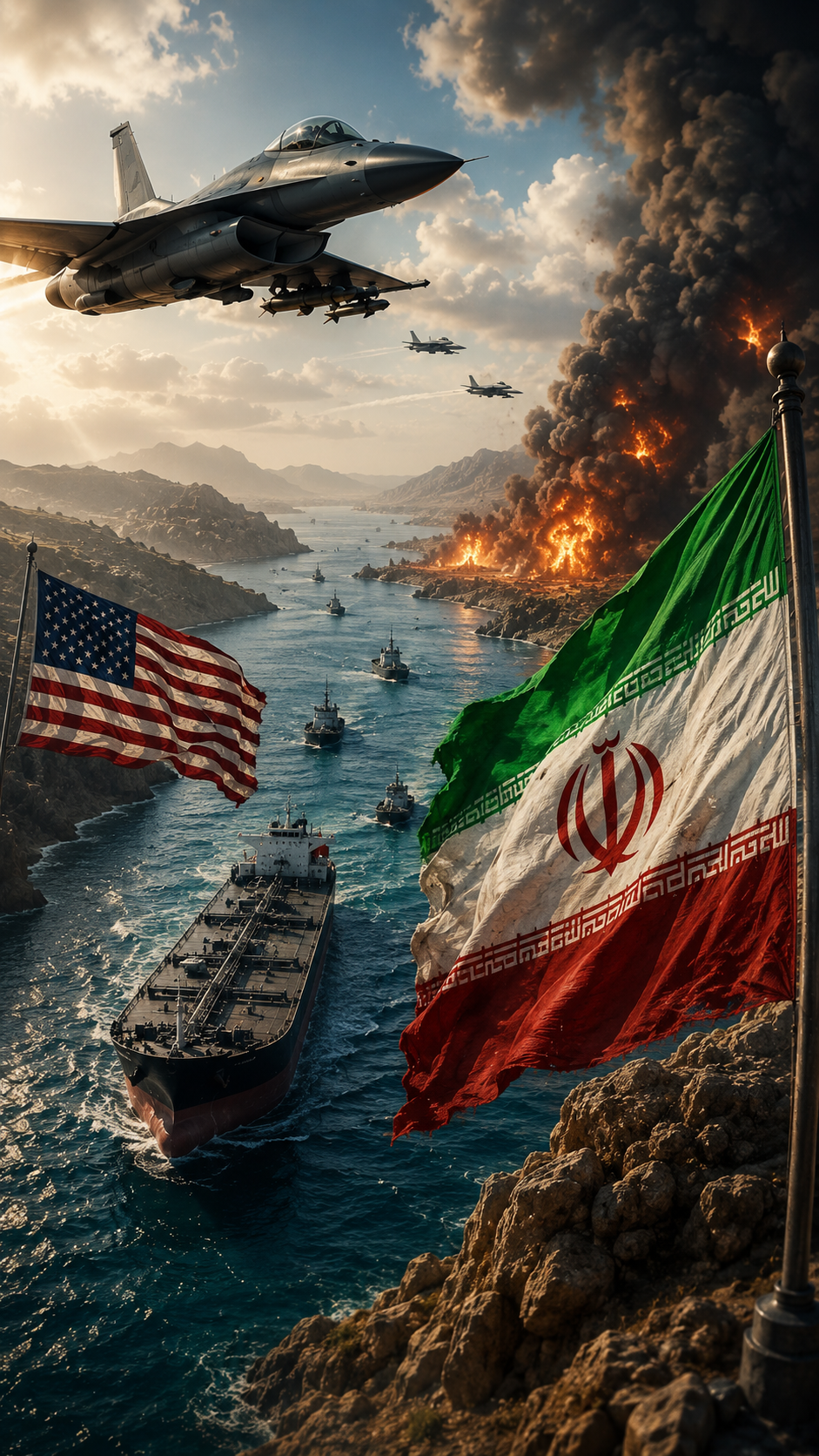 U.S. military airstrikes near the Strait of Hormuz with naval vessels and regional conflict.