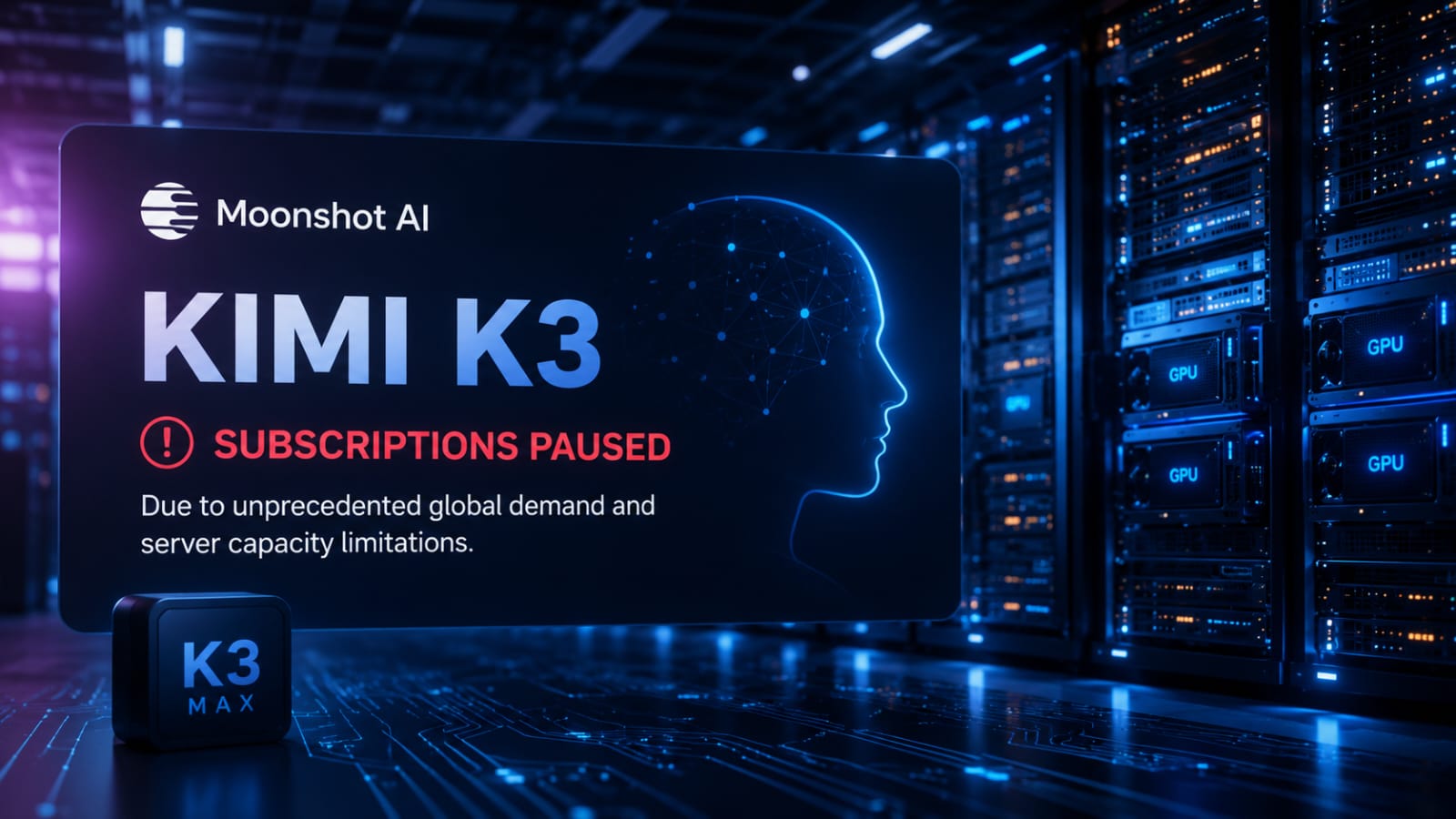 Moonshot AI pause Kimi K3 subscriptions due to high demand and server capacity limits.