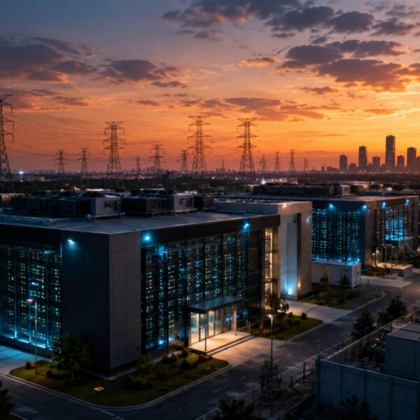 Modern AI data center in India with power transmission infrastructure