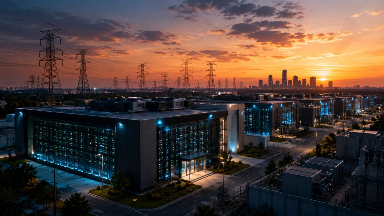 Modern AI data center in India with power transmission infrastructure