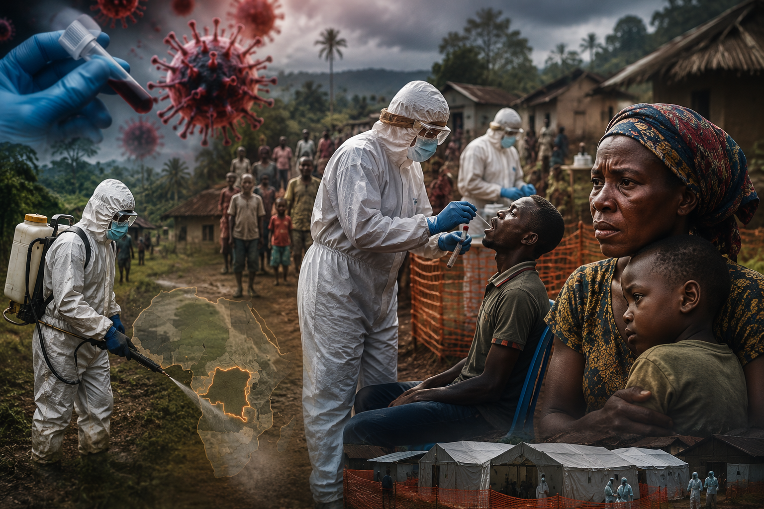WHO health workers responding to Ebola outbreak in DR Congo with protective equipment and medical screening.